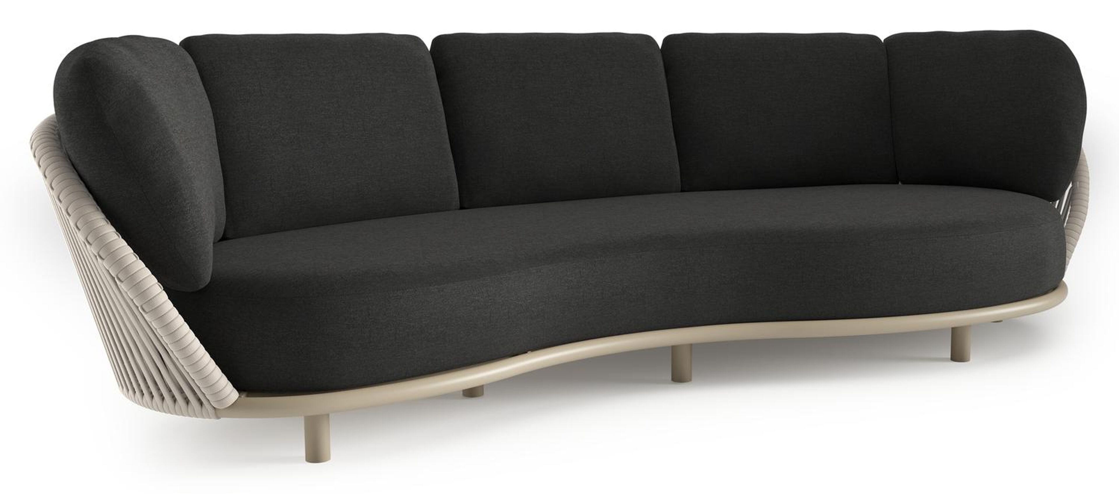 Canapé de jardin Lupino en aluminium beige et corde large plate de luxe tissée verticalement beige et coussins en all weather sunbrella® luxe chartres sooty