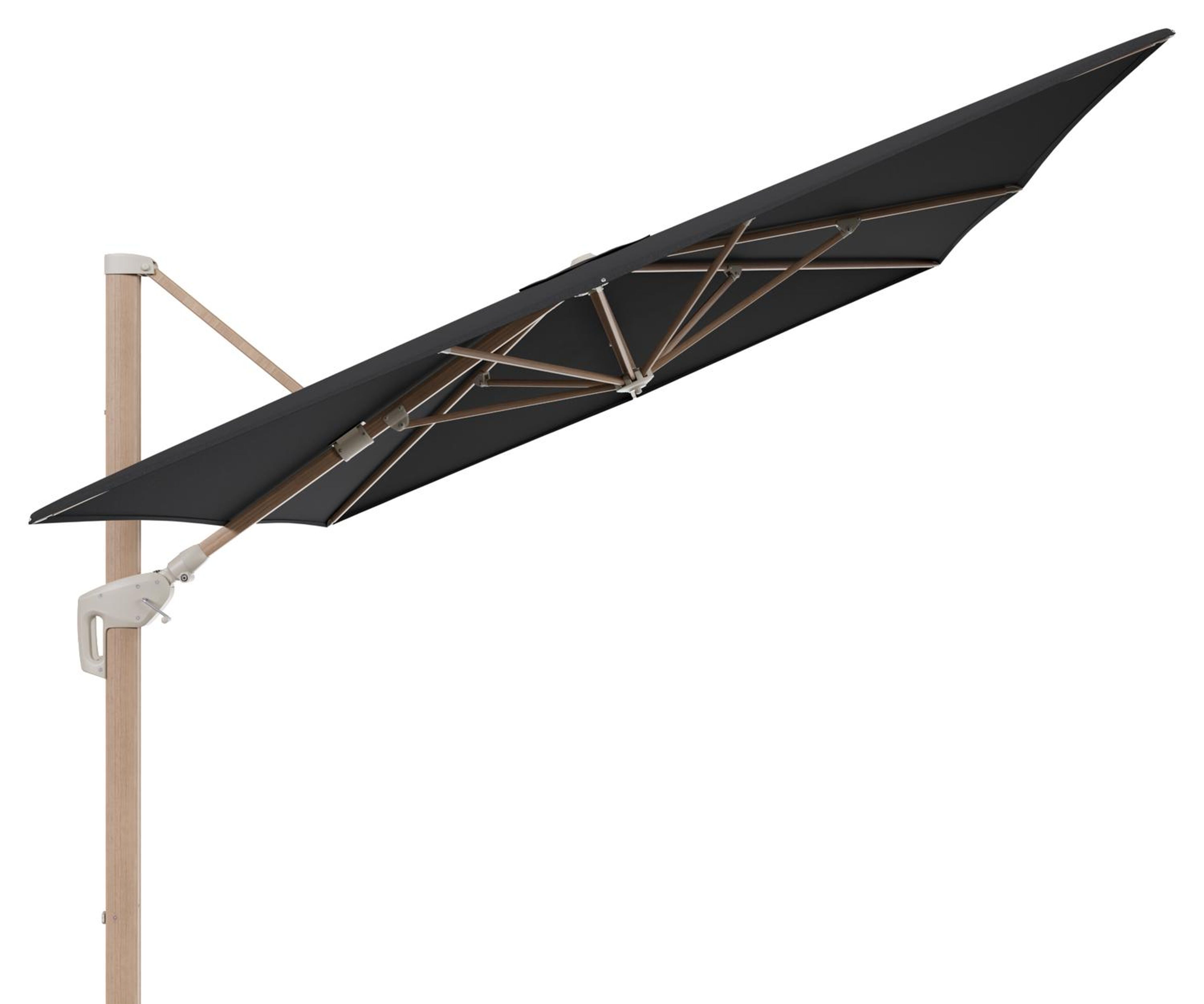 Minore zweefparasol met tiltfunctie in houtlook aluminium en Natte Sooty All Weather Sunbrella® Luxe parasoldoek - L1: 400 x L2: 300 cm (zonder voet)