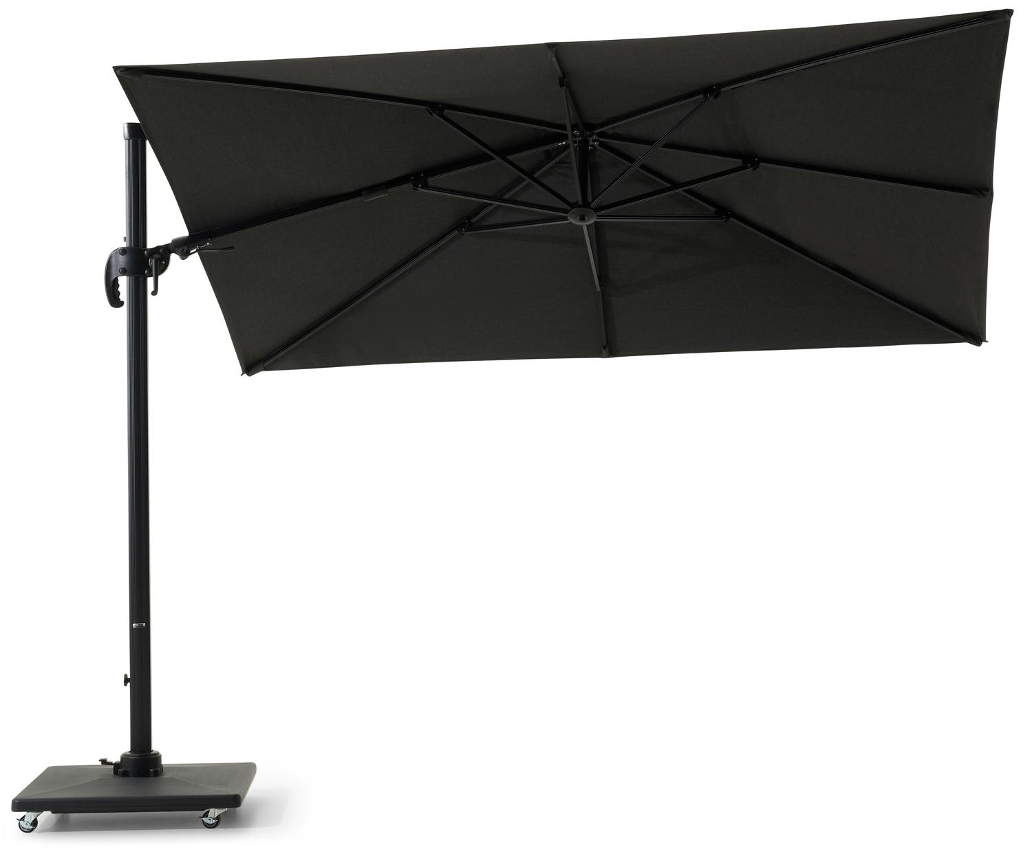 Avola zweefparasol met tiltfunctie in zwart aluminium en Natte Sooty Sunbrella® Premium parasoldoek - L1 200 x L2 300 cm met Avola parasolvoet 90 kg