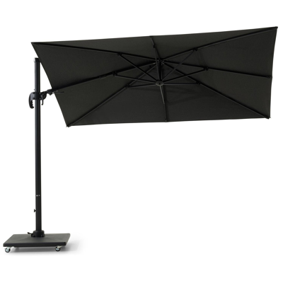 Avola zweefparasol met tiltfunctie in zwart aluminium en Natte Sooty Sunbrella® Premium parasoldoek - L1 200 x L2 300 cm met Avola parasolvoet 90 kg