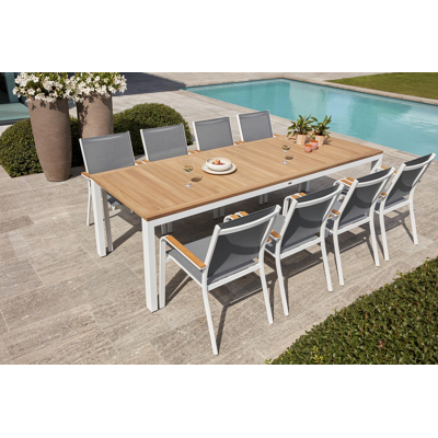 Trente tuinset in wit aluminium en teak naturel tafelblad met 8 stapelbare Amalfi tuinstoelen