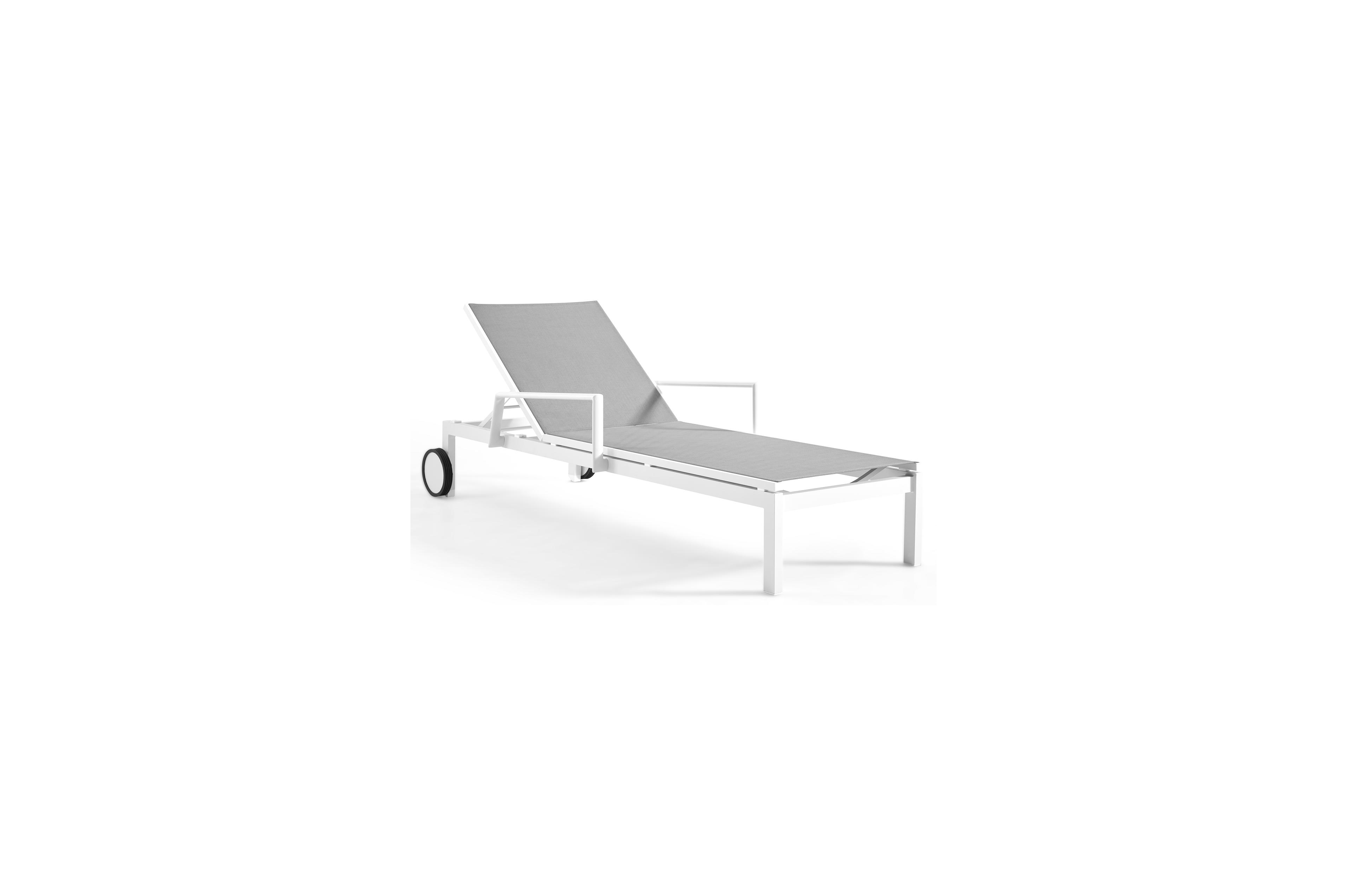 Chaise longue réglable Caravelle en aluminium blanc avec textilène gris avec accoudoir