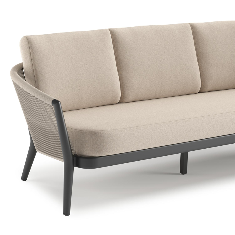 Orso loungebank in zwart aluminium en beige verticaal geweven ronde rope met Heritage Ash all weather sunbrella® luxe kussen