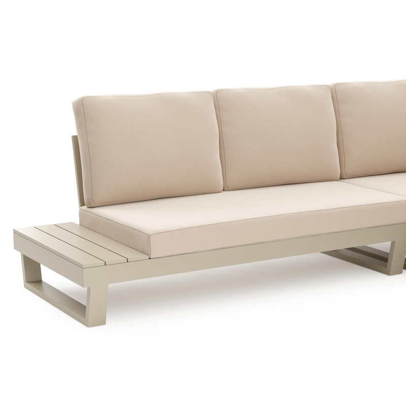 Salon de jardin d'angle Modica en aluminium beige et coussins en all weather sunbrella® premium natte linen chalk et table basse