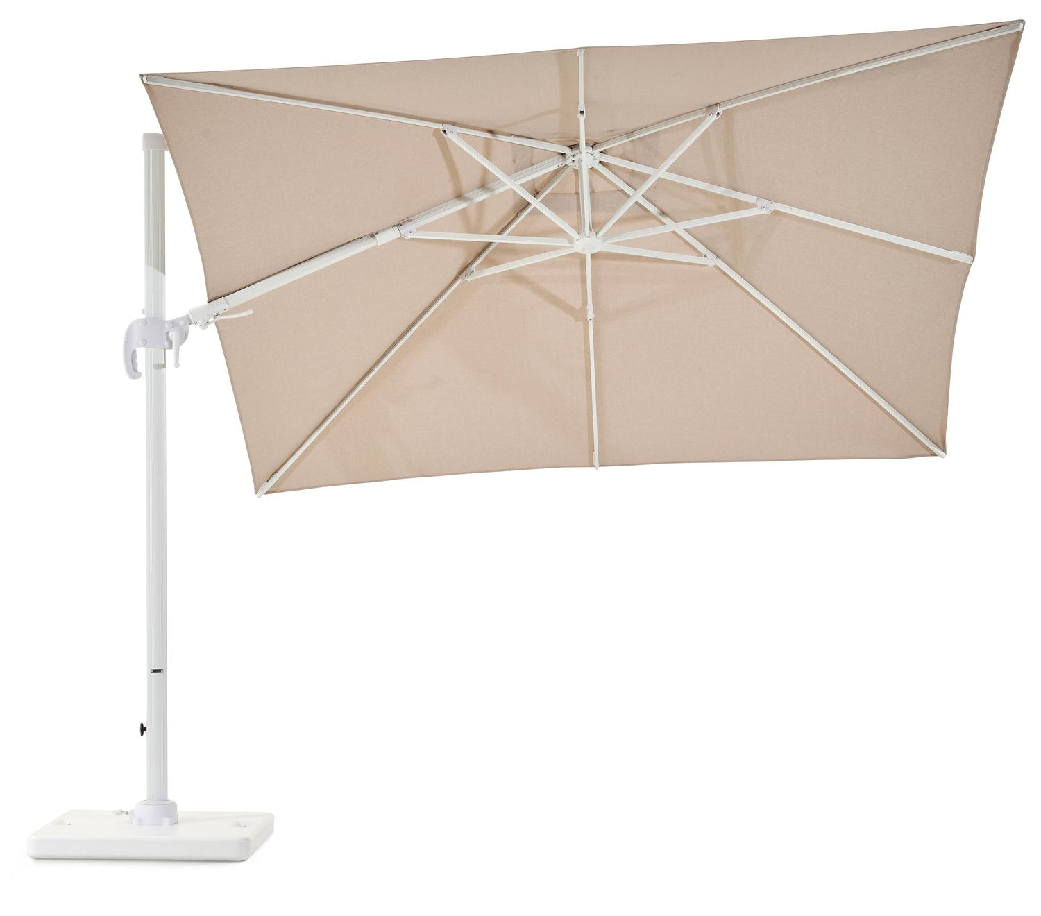 Avola zweefparasol met tiltfunctie in wit aluminium en natural Weather+ Softtouch parasoldoek - L1 300 x L2 300 cm met Pedito parasolvoet 120 kg
