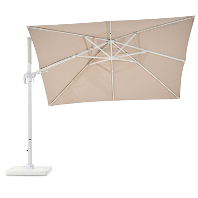 Avola zweefparasol met tiltfunctie in wit aluminium en natural Weather+ Softtouch parasoldoek - L1 300 x L2 300 cm met Pedito parasolvoet 120 kg