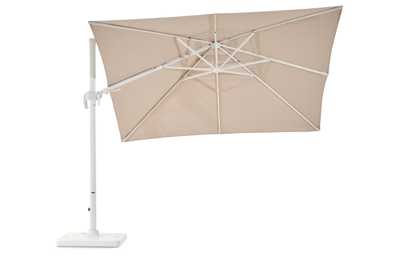Avola zweefparasol met tiltfunctie in wit aluminium en natural Weather+ Softtouch parasoldoek - L1 300 x L2 300 cm met Pedito parasolvoet 120 kg