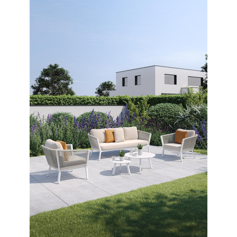 Salon de jardin Cordoba en aluminium blanc et corde ronde tissée verticalement beige et coussins en weather+ softtouch rustic