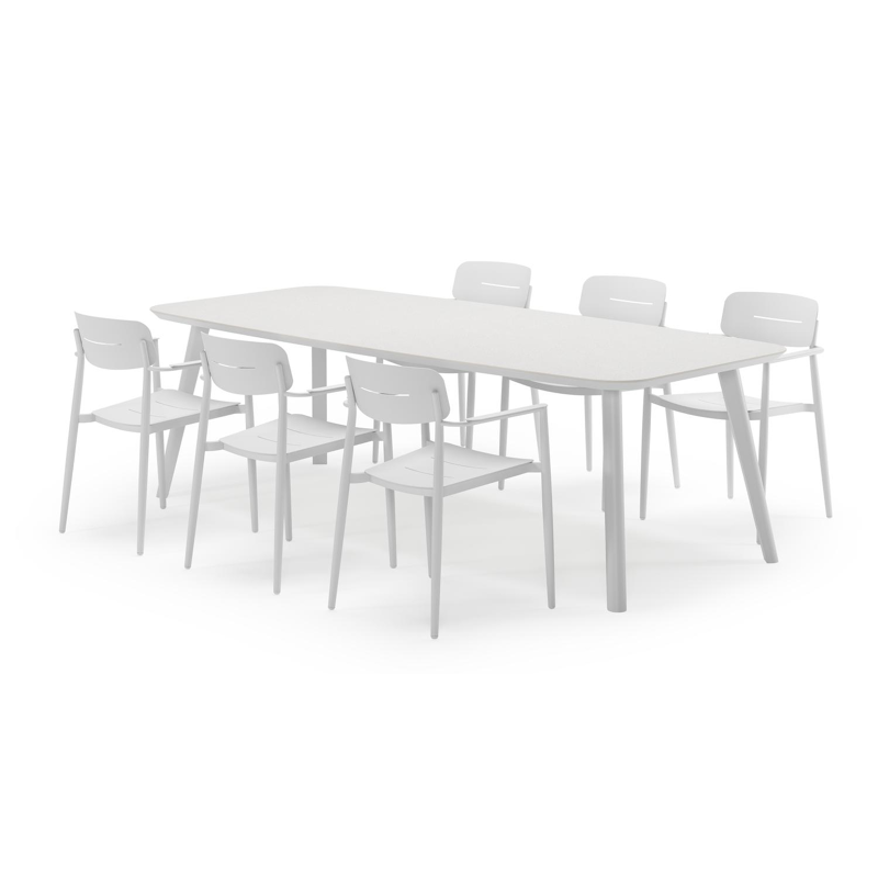 Mosa bootvormige tuinset in wit aluminium en sintered stone topo minerale met 6 Cosa tuinstoelen