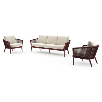 Orso loungeset in ruby aluminium en ruby verticaal geweven ronde rope met Althea Off White all weather cosytica kussen