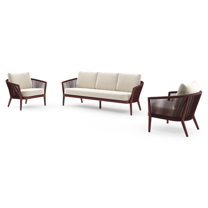 Orso loungeset in ruby aluminium en ruby verticaal geweven ronde rope met Althea Off White all weather cosytica kussen