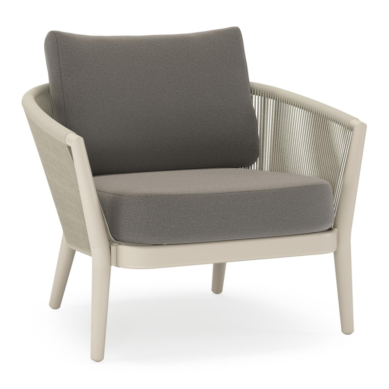 Fauteuil de jardin Orso en aluminium beige en corde ronde tissée verticalement beige et coussins en all weather sunbrella® luxe Natte Dark Taupe