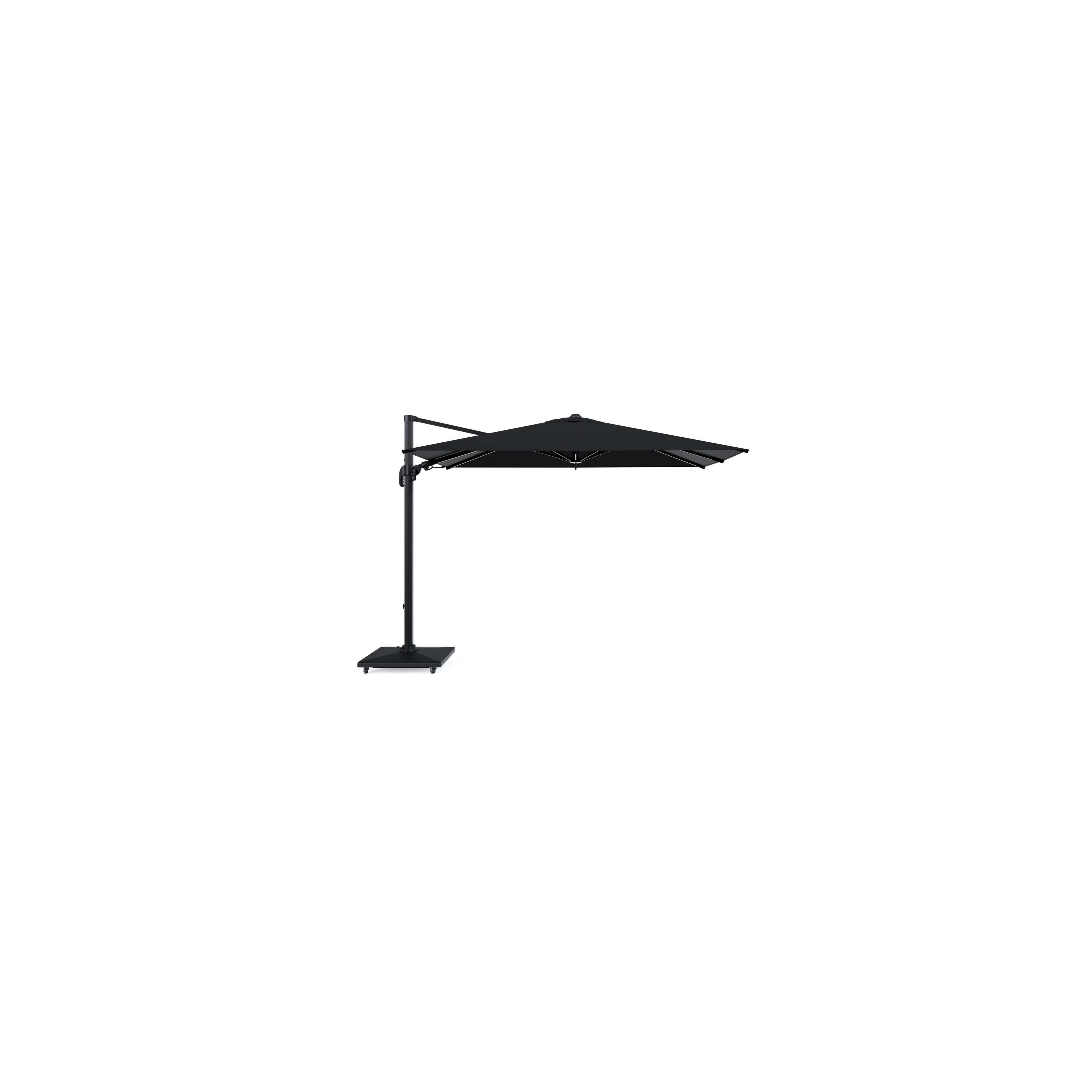 Avola zweefparasol met tiltfunctie in zwart aluminium met zwart all weather sunbrella® premium parasoldoek - L1 200 x L2 300 cm met parasolvoet Avola 90 kg