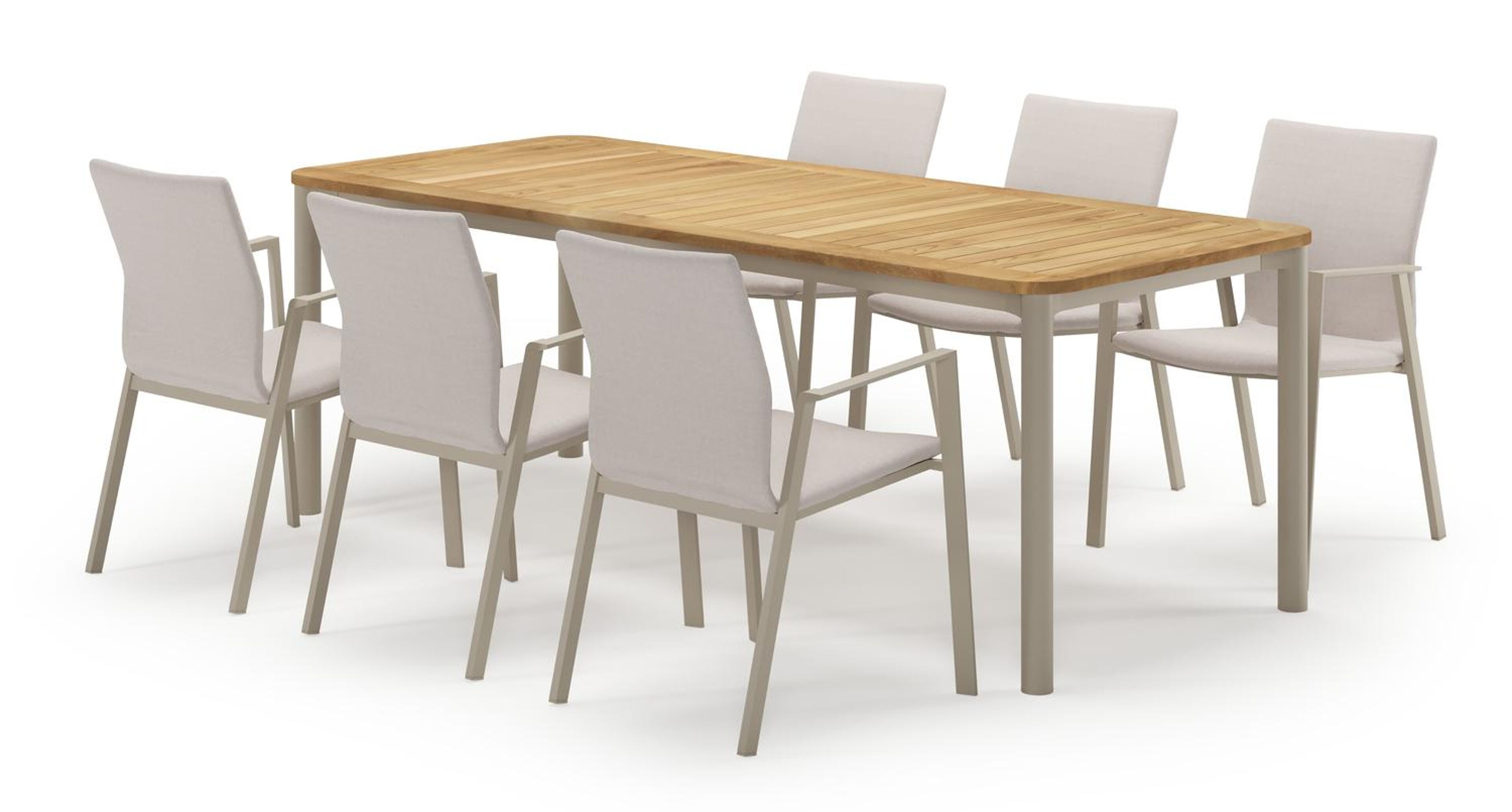 Mira rechthoekige afgeronde tuinset in beige aluminium en teak natural finish met 6 Madura tuinstoelen