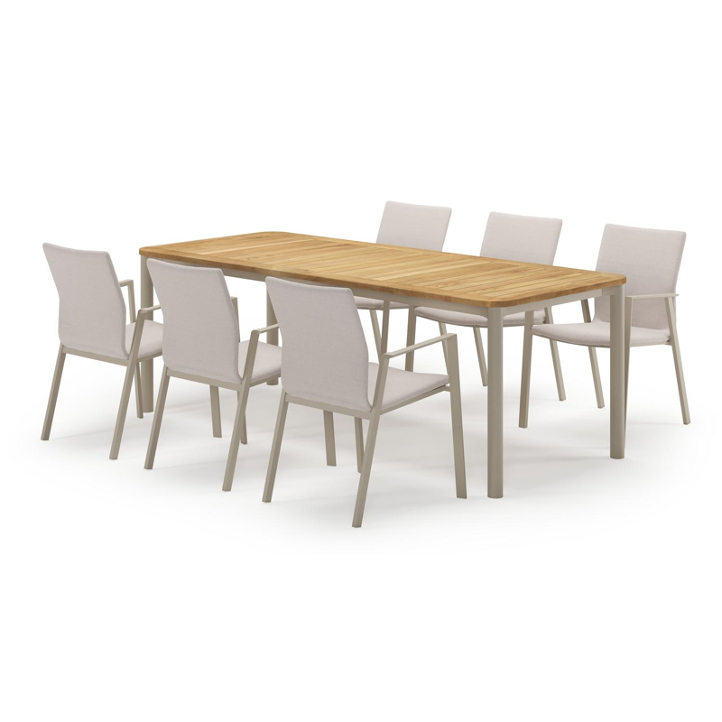 Mira rechthoekige afgeronde tuinset in beige aluminium en teak natural finish met 6 Madura tuinstoelen