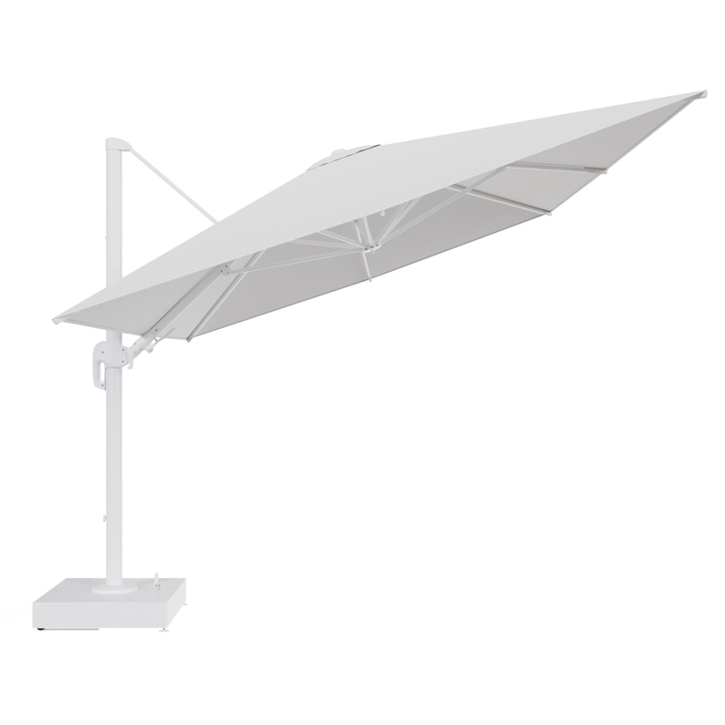 Rufina zweefparasol met tiltfunctie in wit aluminium en Soul Optik All Weather Solica parasoldoek - L1 400 x L2 300 cm met parasolvoet Minore 150 kg met wielen