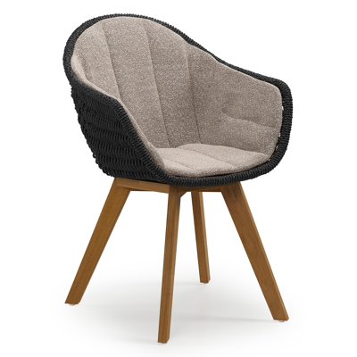 Chaise de jardin Pagino en teck naturel et résine tressée ronde noir avec coussin en All Weather Sunbrella® Luxe Wander Manioc