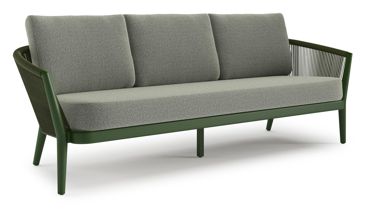 Orso loungebank in groen aluminium en groen verticaal geweven ronde rope met Savane Leaf all weather sunbrella® luxe kussen