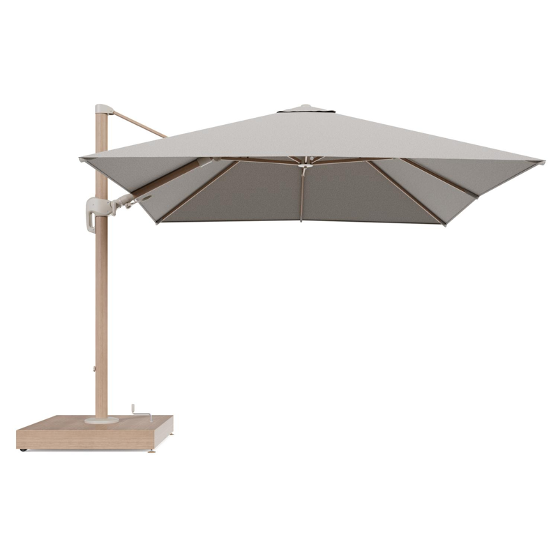 Rufina zweefparasol met tiltfunctie in houtlook aluminium en Firenze Sand All Weather Solica parasoldoek - L1 300 x L2 300 cm met parasolvoet Minore 260 kg met wielen