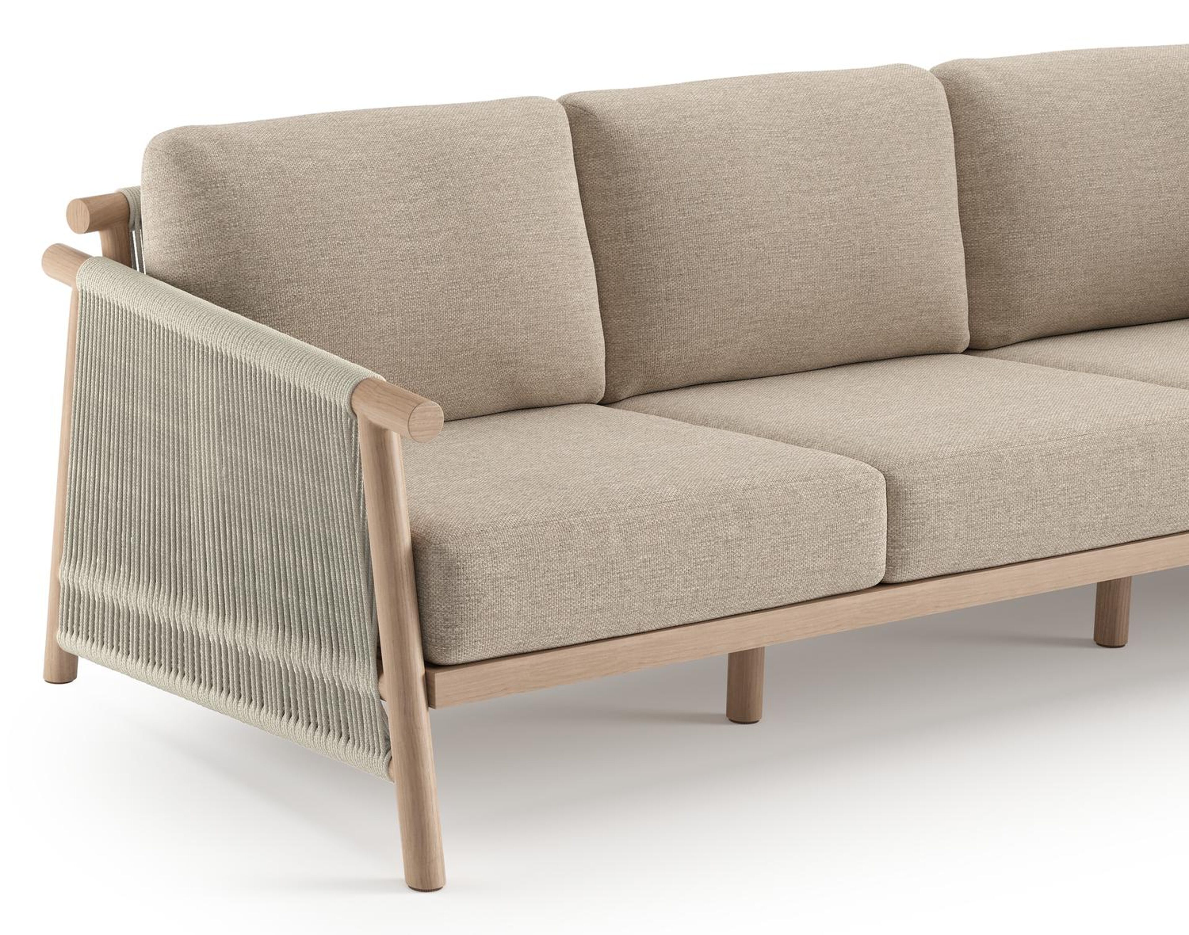 Salon de jardin Erla en aspect de bois naturel et corde ronde tissée verticalement beige et coussins en weather+ softtouch rustic