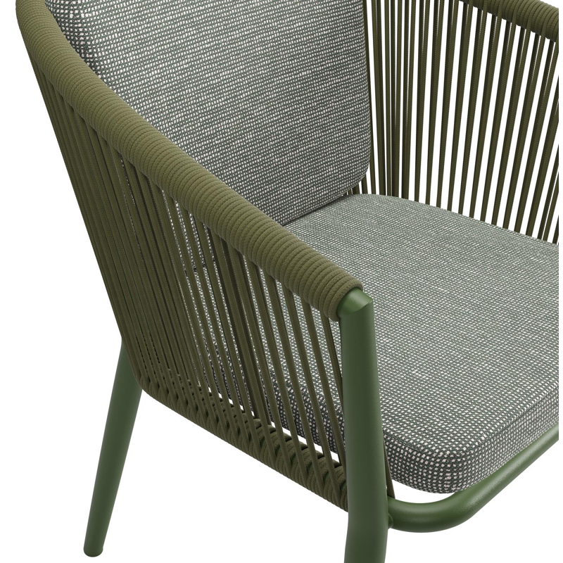 Orso tuinstoel in groen aluminium en groen verticaal geweven ronde rope met zitkussen in All Weather Sunbrella® Luxe Slow Fern