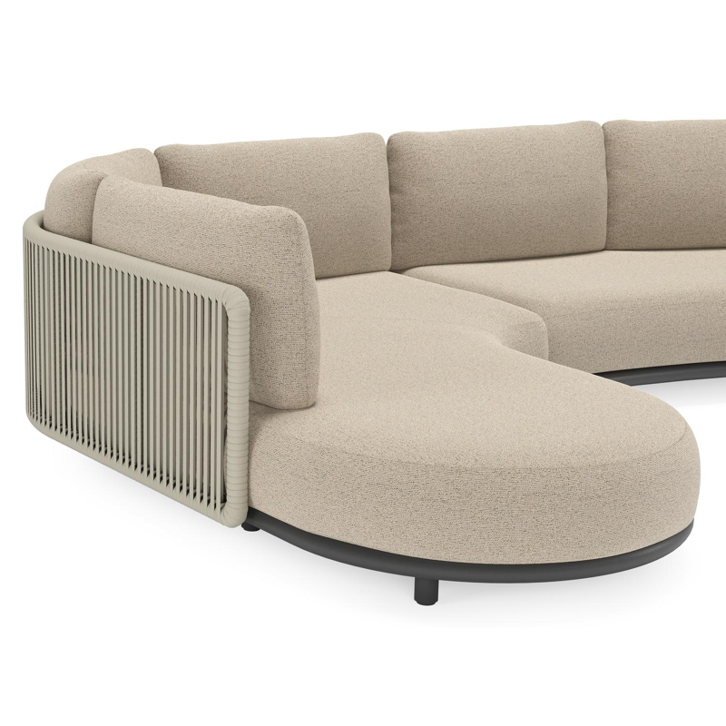 Salon de jardin d'angle Lomano en aluminium noir et corde luxe plate tissée verticalement beige et coussins en all weather cosytica Marbella Beige