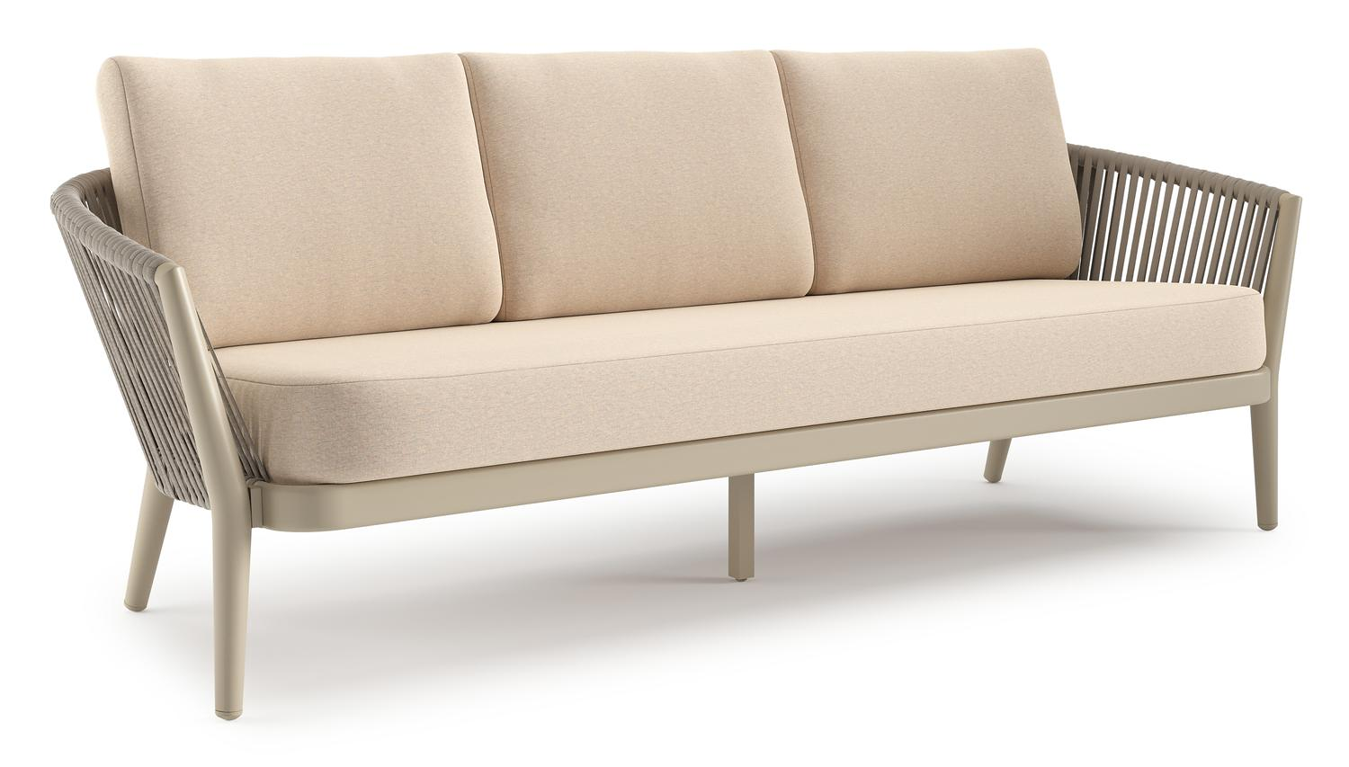 Orso loungebank in beige aluminium en beige verticaal geweven ronde rope met Heritage Papyrus all weather sunbrella® luxe kussen