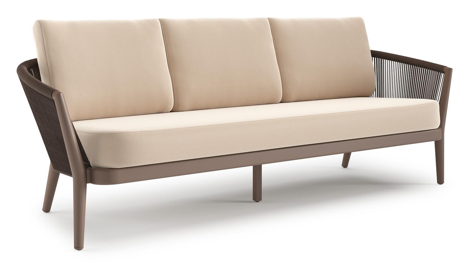 Orso loungebank in taupe aluminiumen zwart verticaal geweven ronde rope met Natte Linen Chalk all weather sunbrella® luxe kussen