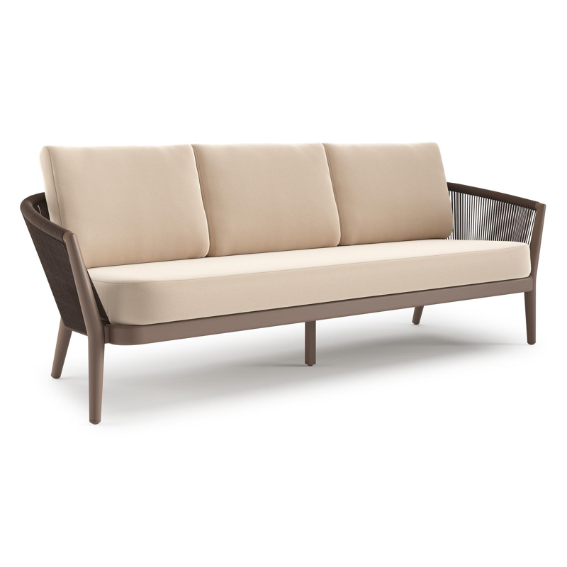 Orso loungebank in taupe aluminiumen zwart verticaal geweven ronde rope met Natte Linen Chalk all weather sunbrella® luxe kussen