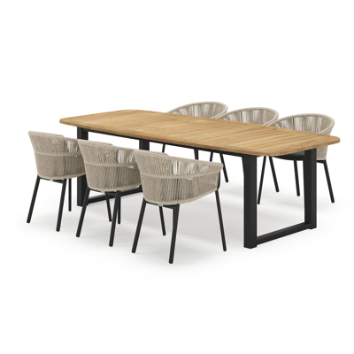 Livo ensemble de jardin forme de bateau en aluminium noir en teck natural finish avec 6 chaises de jardin Matera