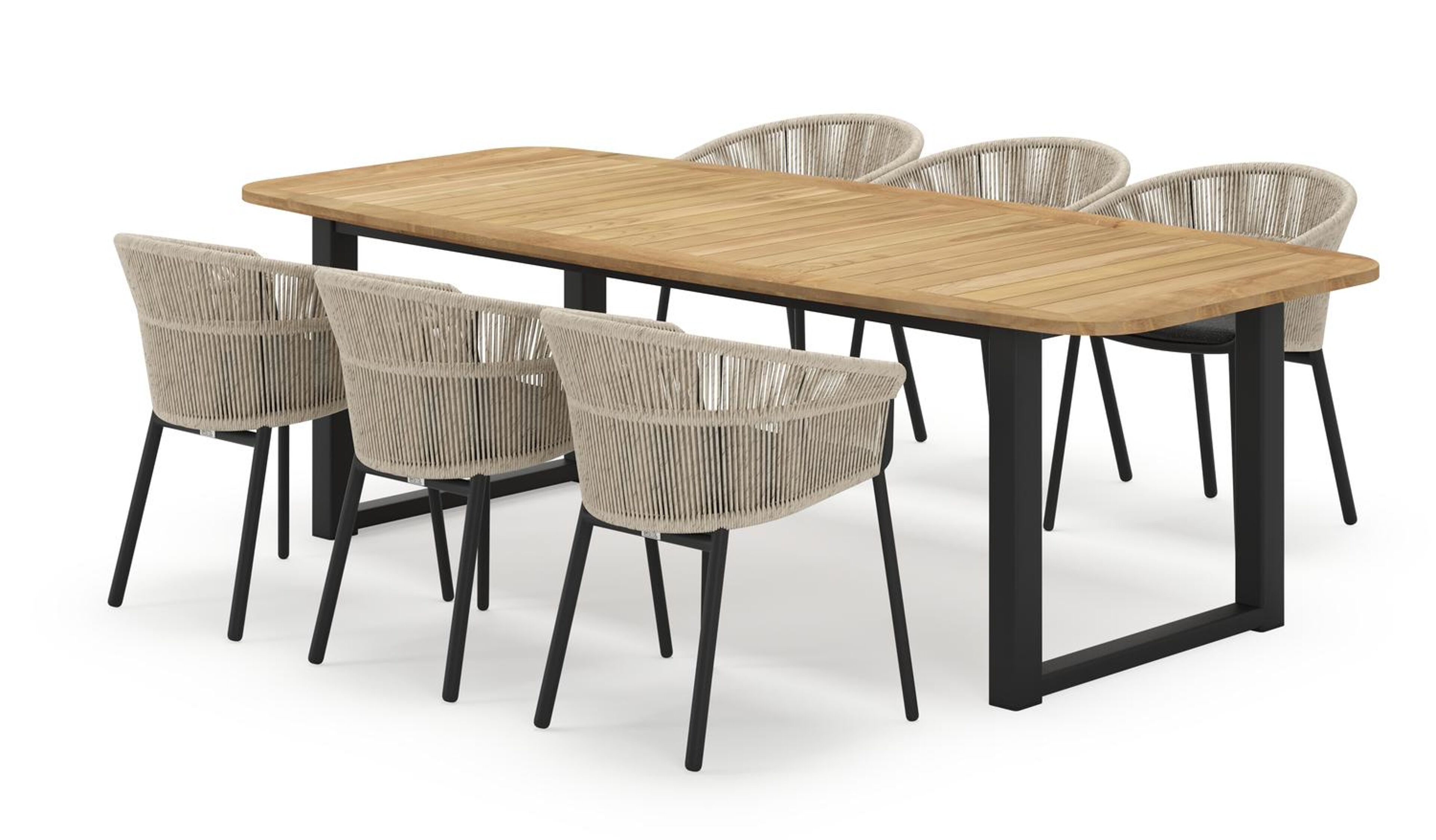 Livo bootvormige tuinset in zwart aluminium en teak natural finish met 6 Matera tuinstoelen