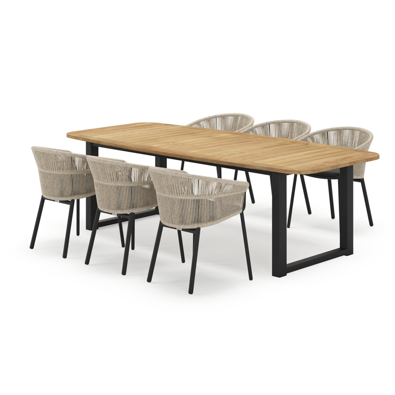 Livo bootvormige tuinset in zwart aluminium en teak natural finish met 6 Matera tuinstoelen