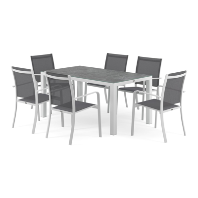 Varese tuinset in wit aluminium en grijs keramisch glas tafelblad met 6 stapelbare Calobra tuinstoelen