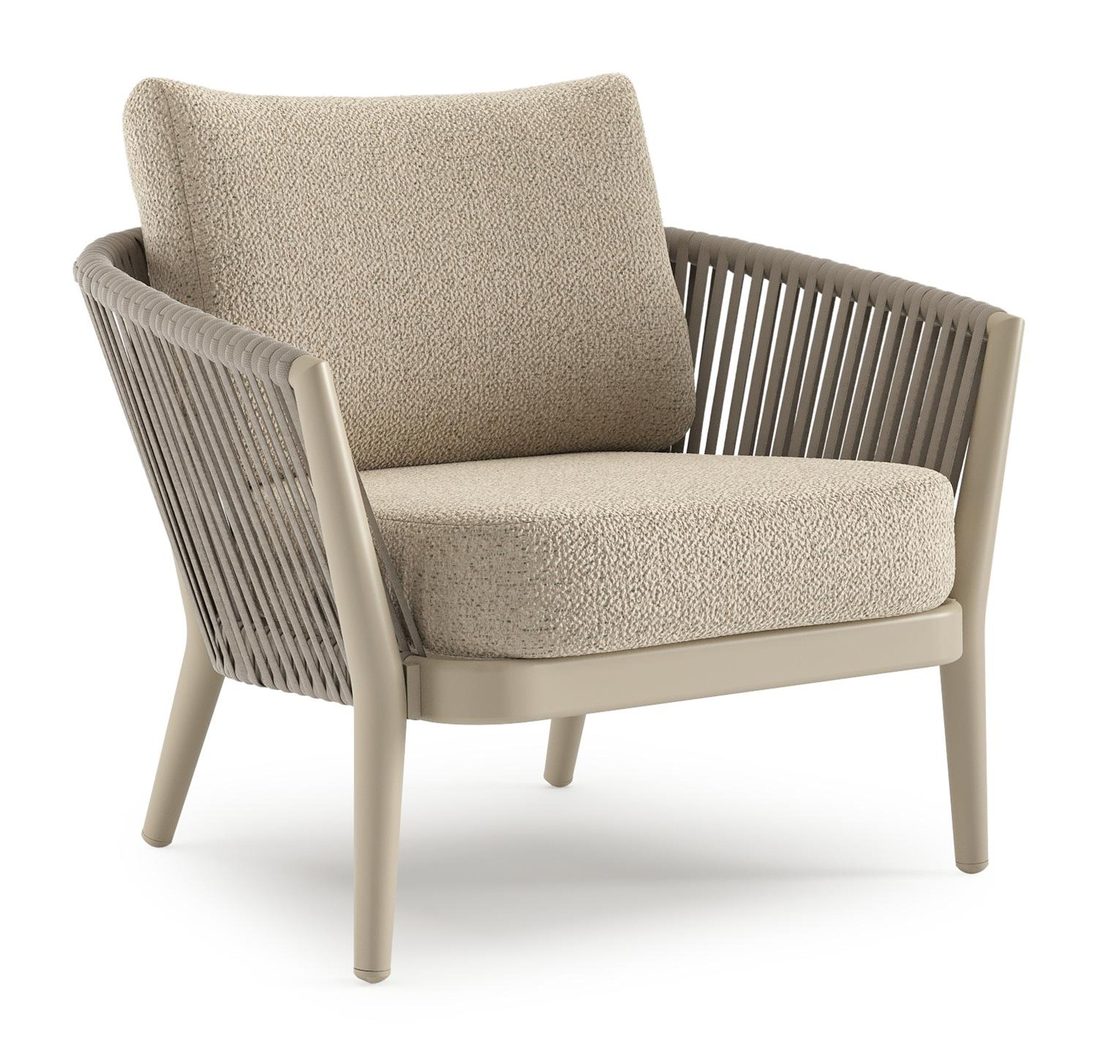 Orso loungestoel in beige aluminium en beige verticaal geweven luxe vlakke rope met Bora Forest all weather cosytica kussen