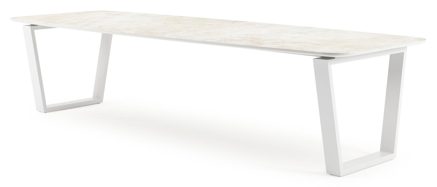 Table de jardin Pagino forme de bateau en aluminium blanc et céramique pleine Rapolano Lg. 315 x Lrg. 115 cm