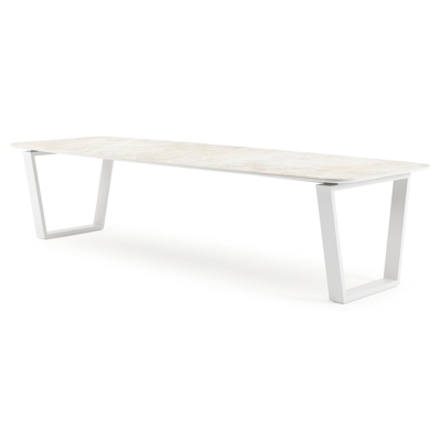 Table de jardin Pagino forme de bateau en aluminium blanc et céramique pleine Rapolano Lg. 315 x Lrg. 115 cm