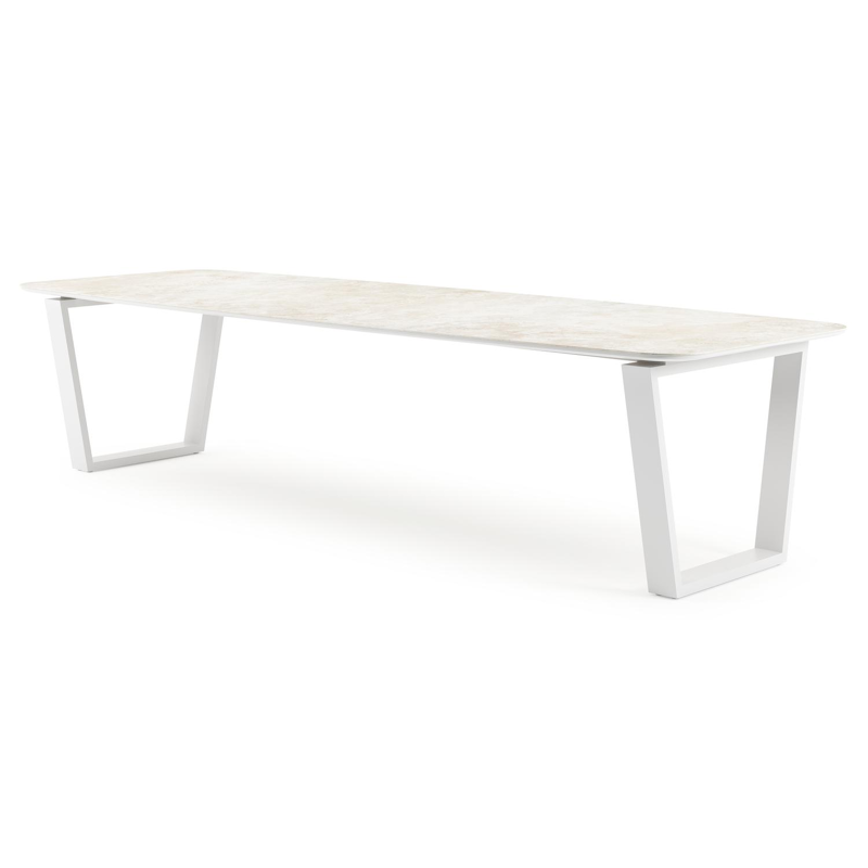 Table de jardin Pagino forme de bateau en aluminium blanc et céramique pleine Rapolano Lg. 315 x Lrg. 115 cm