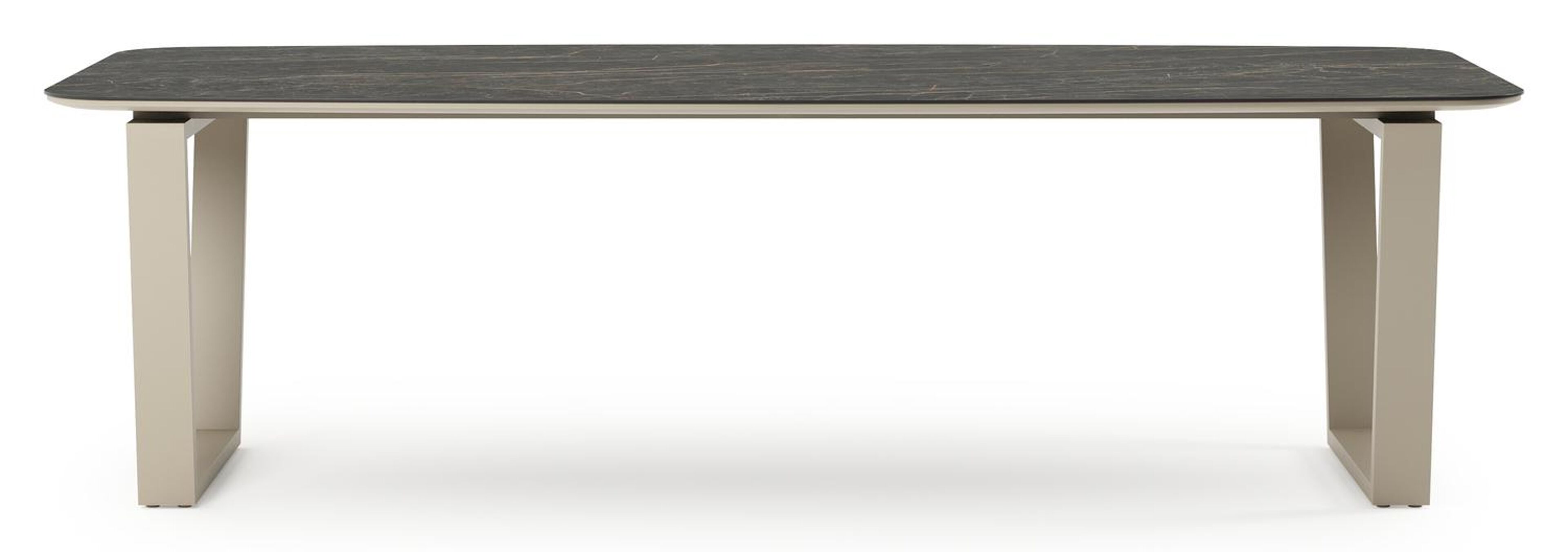 Table de jardin Pagino forme de bateau en aluminium beige et céramique pleine Black Obsession - Lg. 255 x Lrg. 115 x Haut. 73 cm