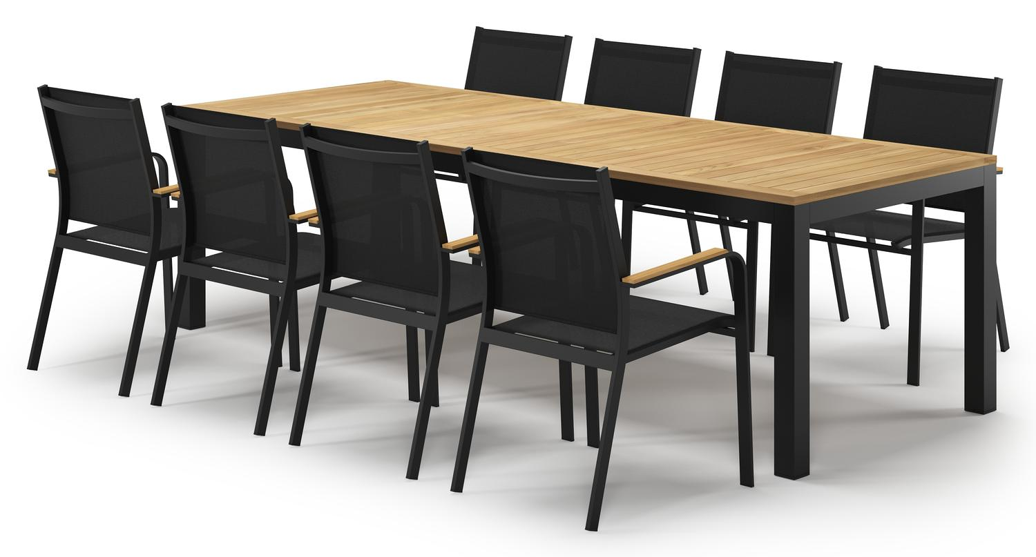Varese tuinset in zwart aluminium en naturel teak tafelblad met 8 stapelbare Amalfi tuinstoelen