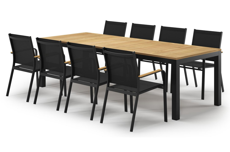 Ensemble de jardin Varese en aluminium noir avec plateau de table en teck naturel et 8 chaises de jardin empilables Amalfi