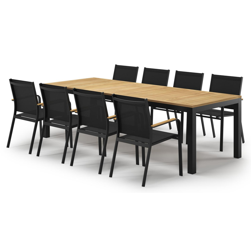 Varese tuinset in zwart aluminium en naturel teak tafelblad met 8 stapelbare Amalfi tuinstoelen