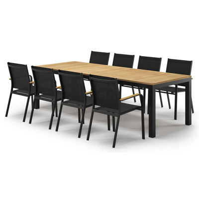 Ensemble de jardin Varese en aluminium noir avec plateau de table en teck naturel et 8 chaises de jardin empilables Amalfi