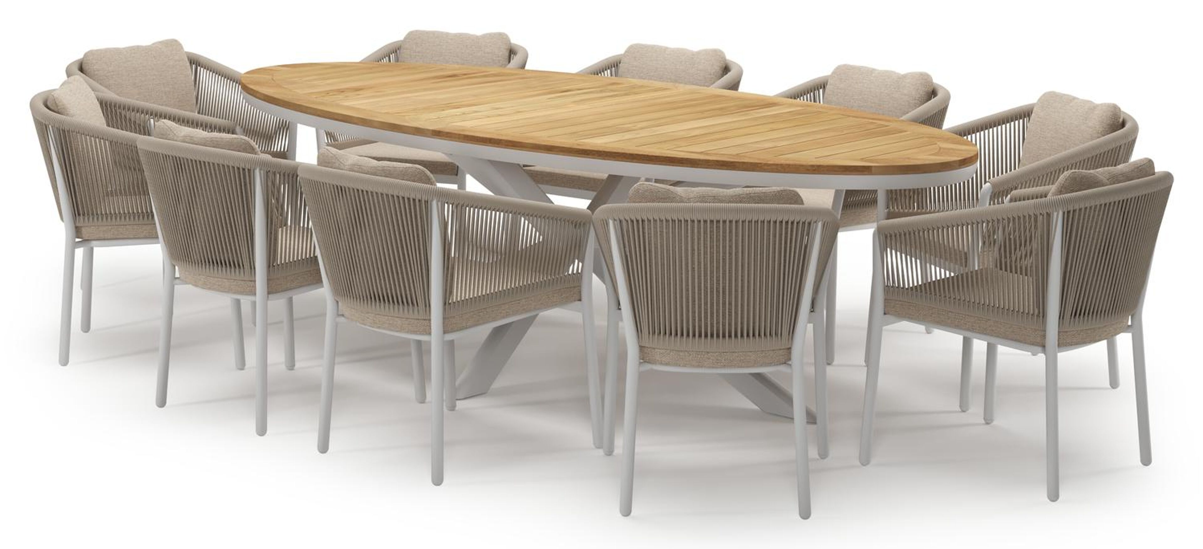 Pamplona tuinset in wit aluminium en teak met 10 Gerona tuinstoelen