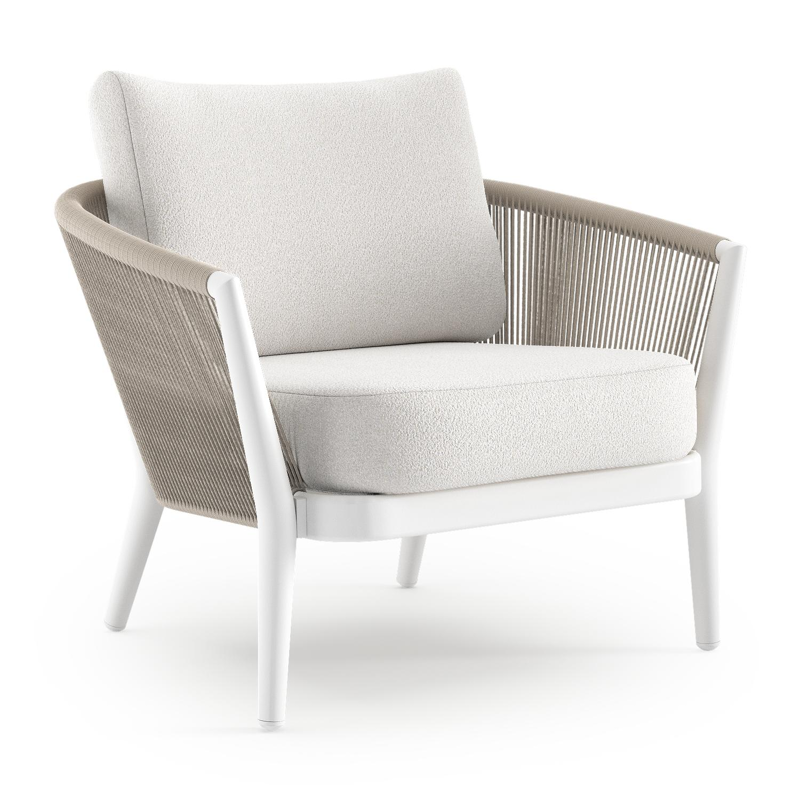 Fauteuil de jardin Orso en aluminium blanc en corde ronde tissée verticalement beige et coussins en all weather solica Soul Optik
