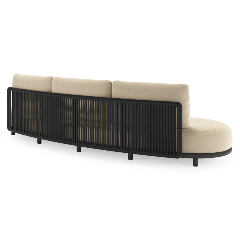 Salon de jardin Lomano en aluminium noir et corde luxe plate tissée verticalement noir et coussins en all weather solica soul papyrus