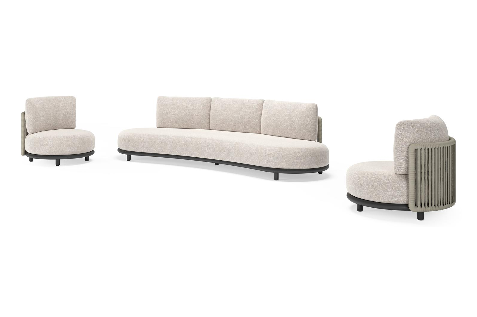 Lomano loungeset in zwart aluminium en beige verticaal geweven luxe vlakke rope met Tundra Sand all weather sunbrella® luxe