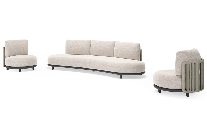 Lomano loungeset in zwart aluminium en beige verticaal geweven luxe vlakke rope met Tundra Sand all weather sunbrella® luxe