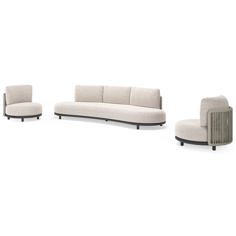 Lomano loungeset in zwart aluminium en beige verticaal geweven luxe vlakke rope met Tundra Sand all weather sunbrella® luxe