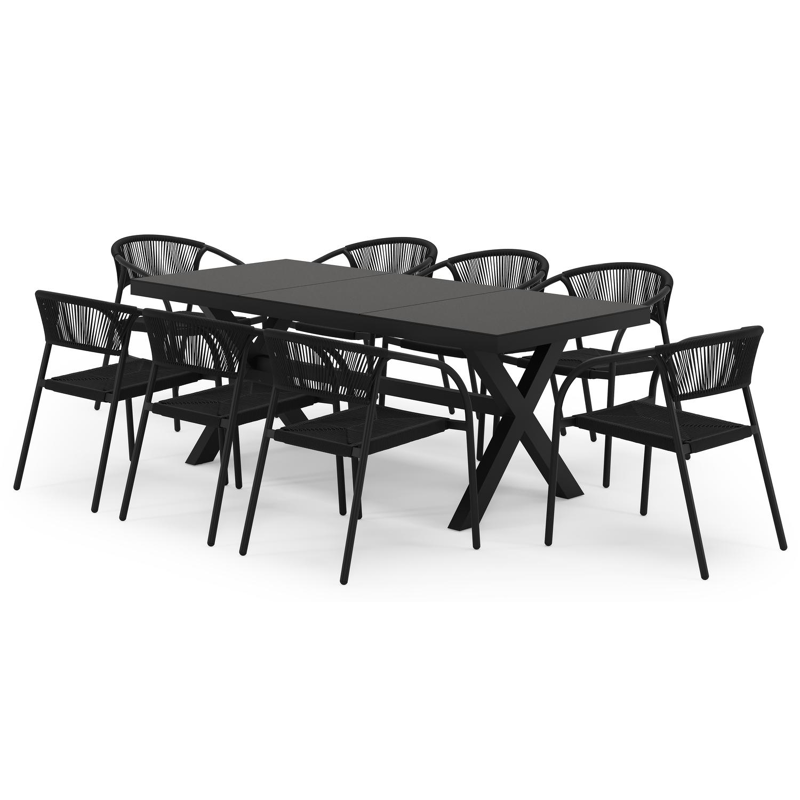 Bahia tuinset in zwart aluminium en zwart sintered stone met 8 stapelbare Melo tuinstoelen