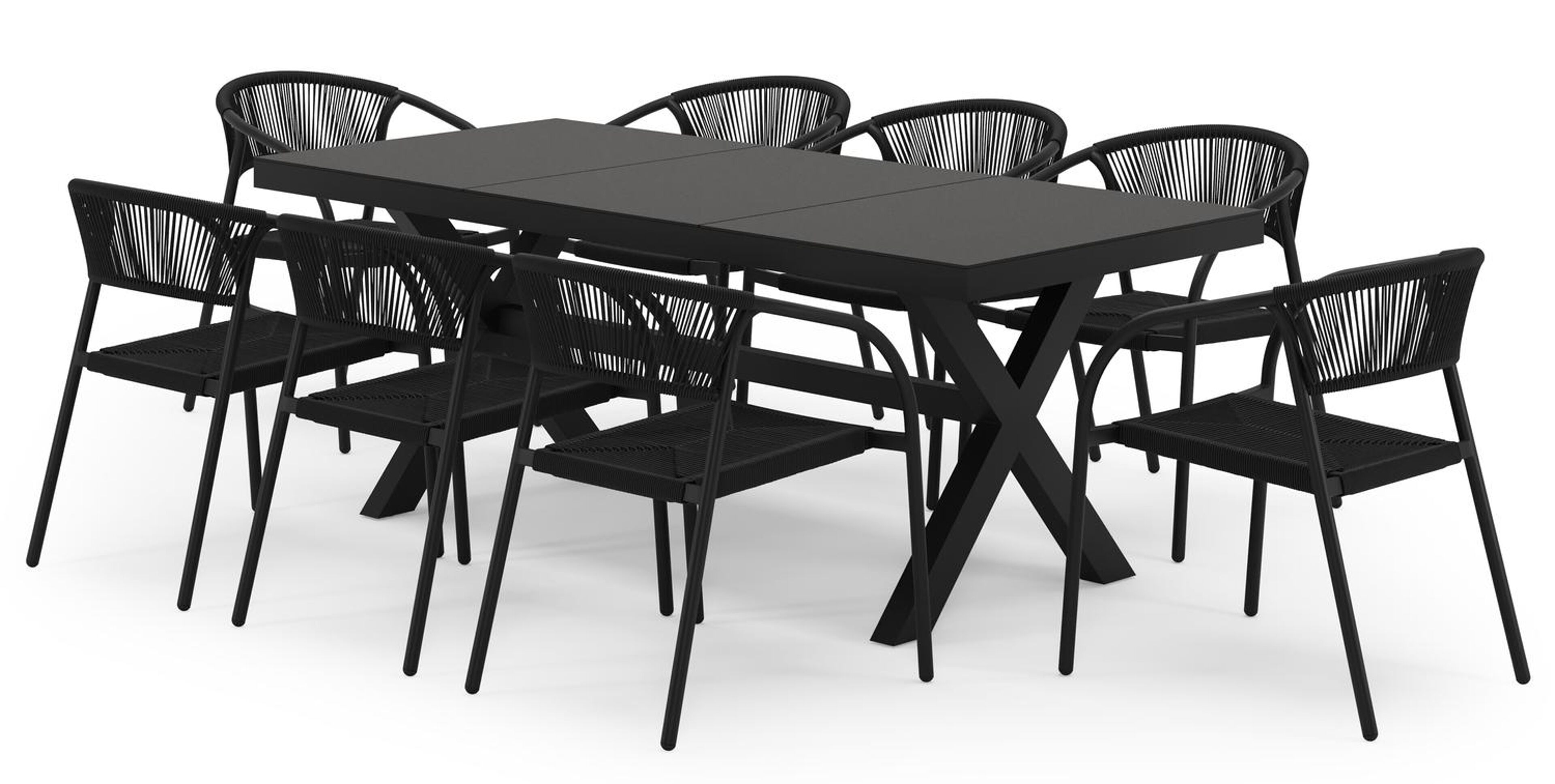 Bahia tuinset in zwart aluminium en zwart sintered stone met 8 stapelbare Melo tuinstoelen